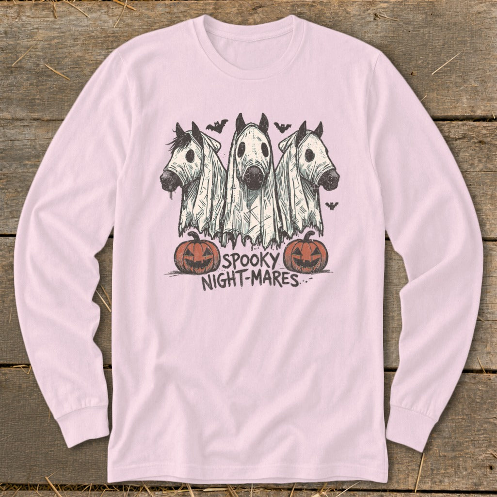 Three horses in ghost costumes with pumpkins and bats, text "Spooky Night-mares".