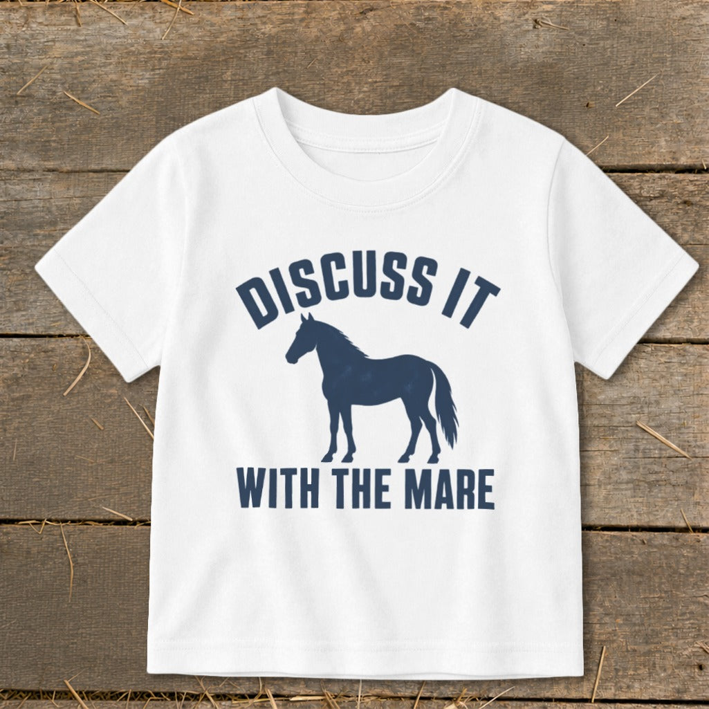 White t-shirt with navy blue horse silhouette and text "Discuss It With The Mare".