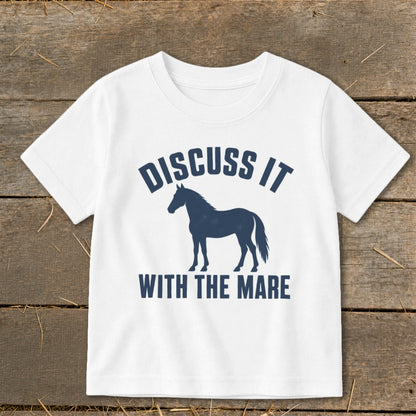 White t-shirt with navy blue horse silhouette and text "Discuss It With The Mare".