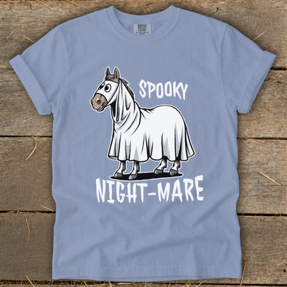Horse wearing a ghost costume with text "SPOOKY NIGHT-MARE".