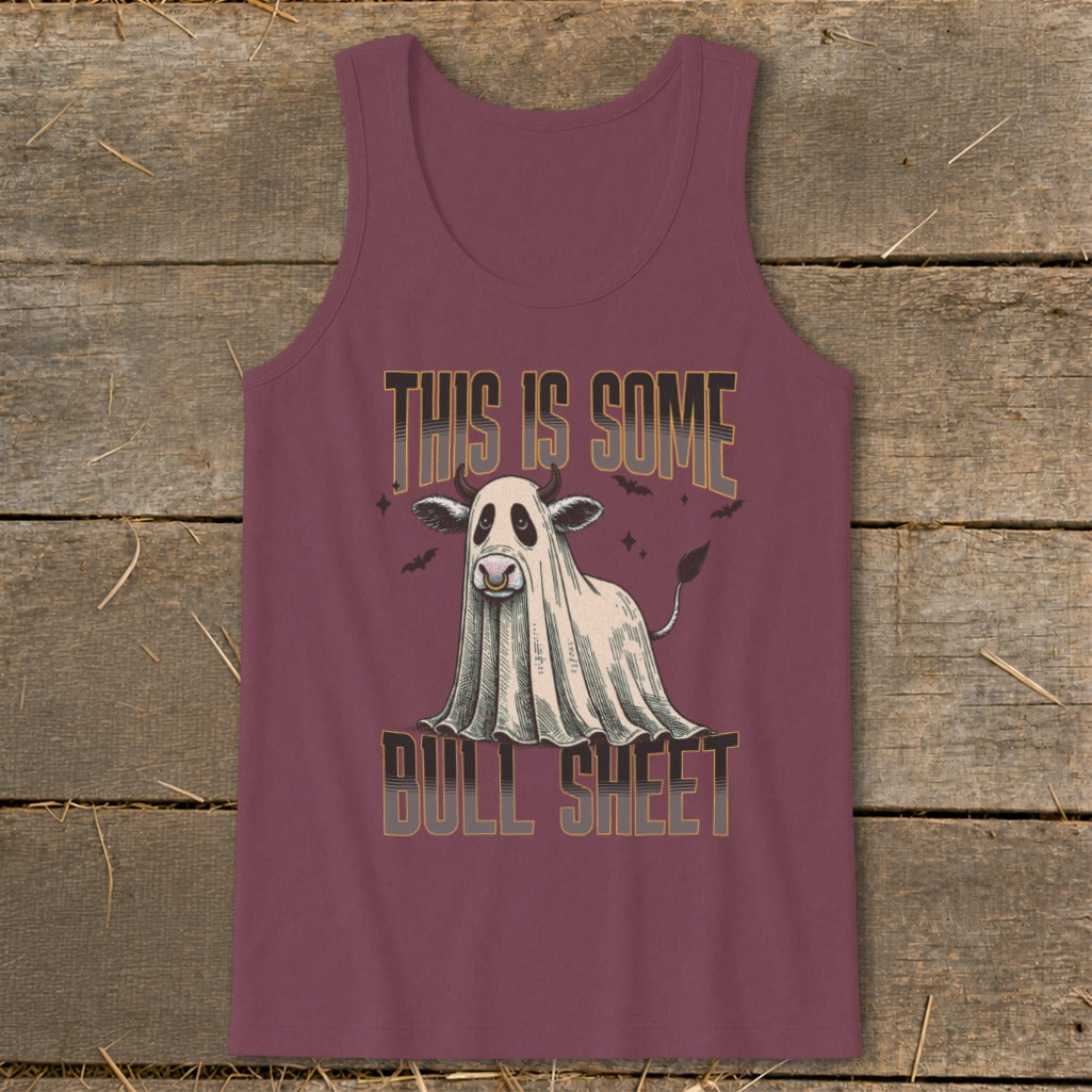 Tank top with a cow in a ghost costume and text "THIS IS SOME BULL SHEET".