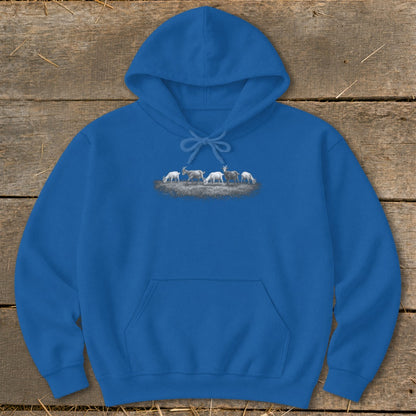 Royal blue hoodie with a graphic of five goats grazing in a field.