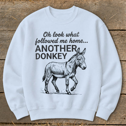 White sweatshirt with drawing of donkey and text "ANOTHER DONKEY".