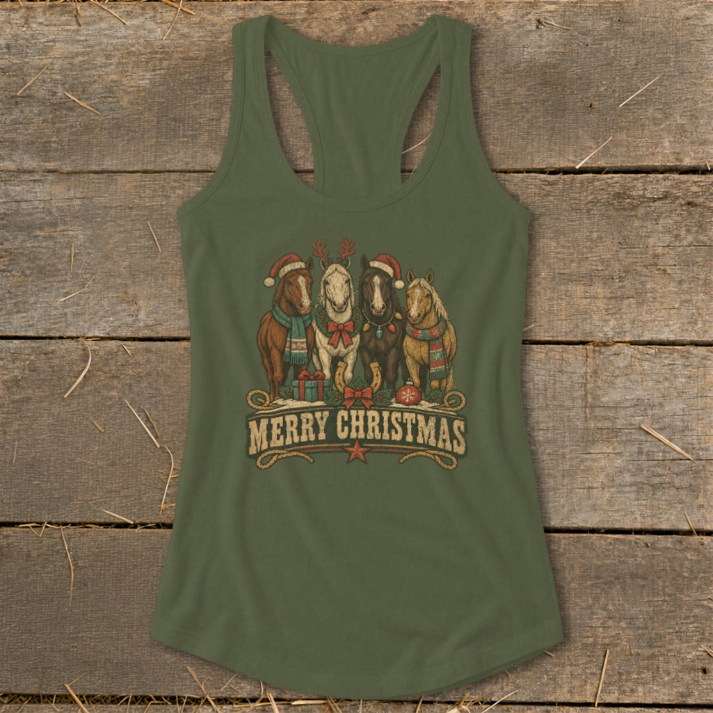 Four horses wearing Santa hats and scarves, with "Merry Christmas" text below.