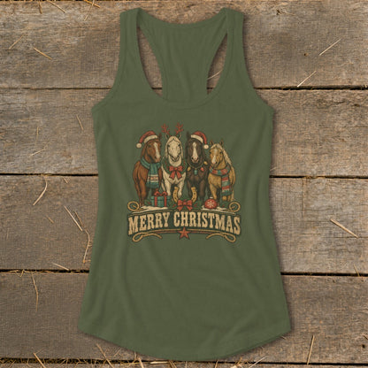 Four horses wearing Santa hats and scarves, with "Merry Christmas" text below.