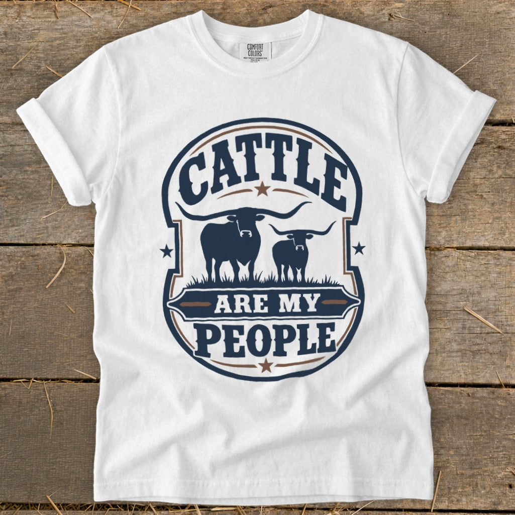 White t-shirt with "Cattle Are My People" graphic featuring two longhorn cattle.