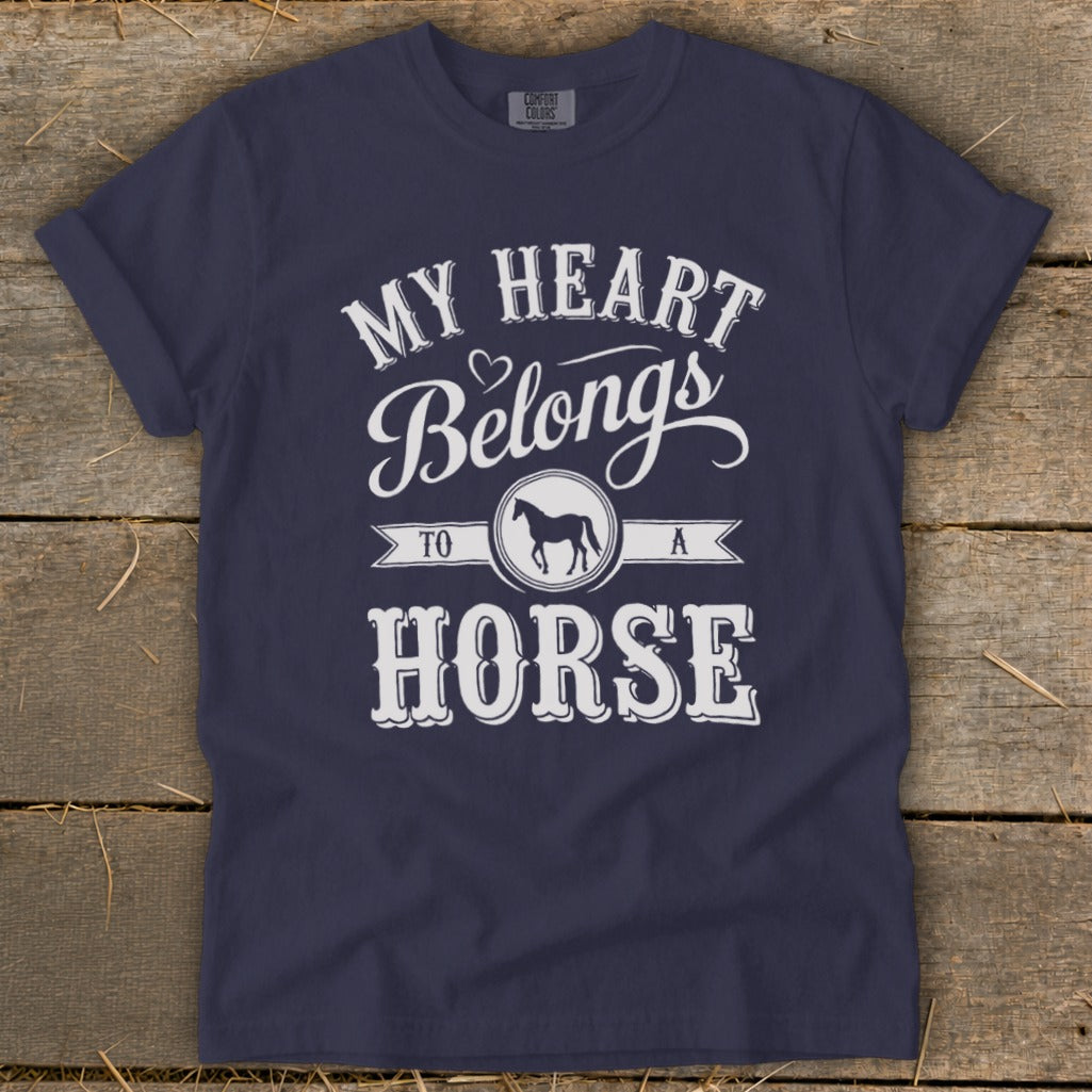 Navy t-shirt with "My Heart Belongs To A Horse" text and horse silhouette.