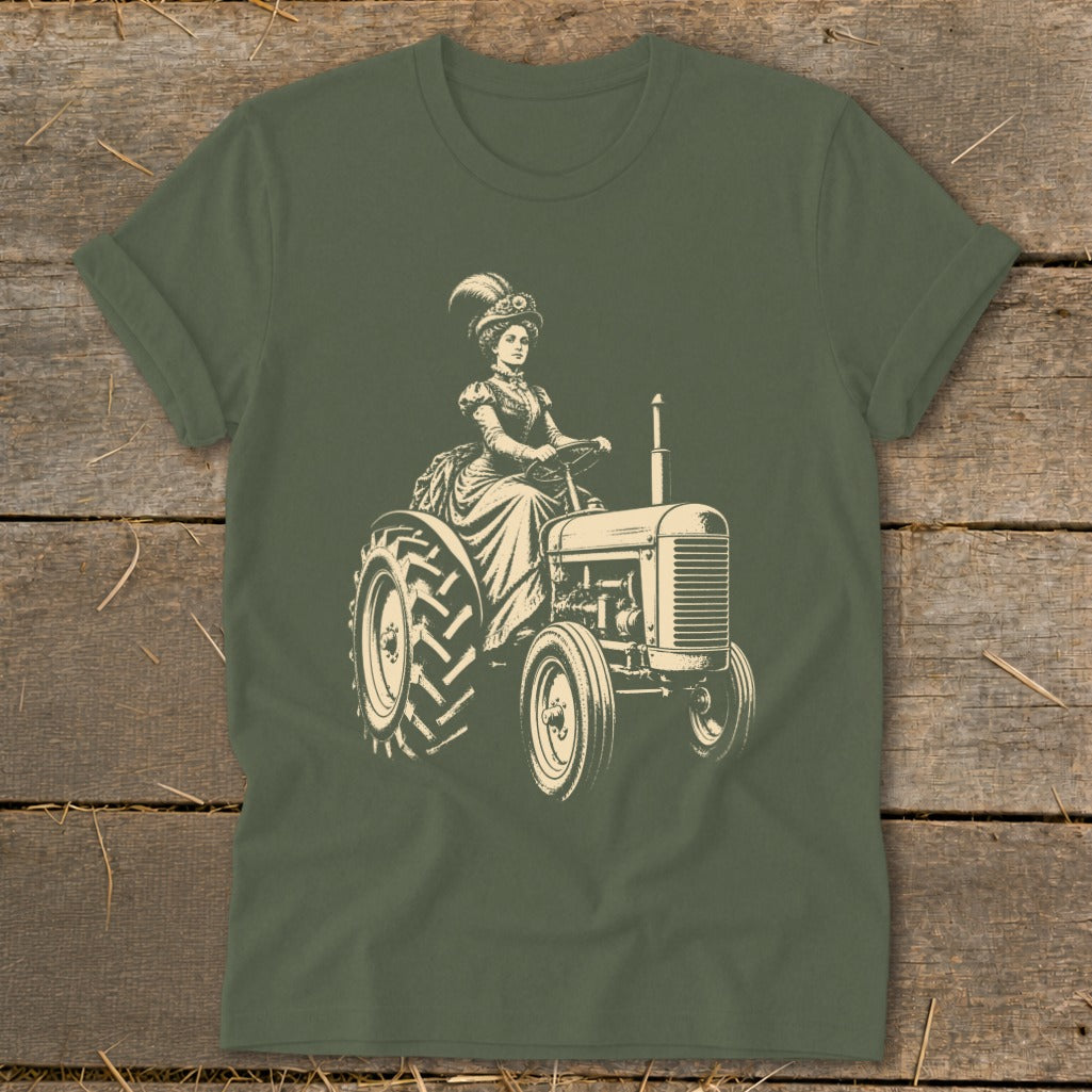 Vintage illustration of a woman in a long dress driving a tractor.