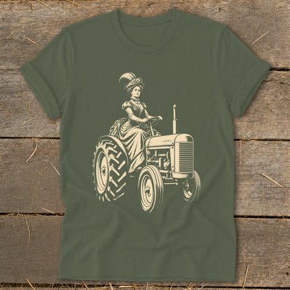 Vintage illustration of a woman in a long dress driving a tractor.