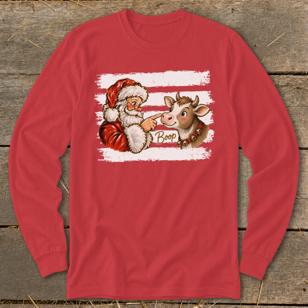 Santa booping a cow with "Boop" text on a red shirt with striped background.