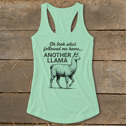 Light mint tank top with "Oh look what followed me home... ANOTHER LLAMA" and llama graphic.