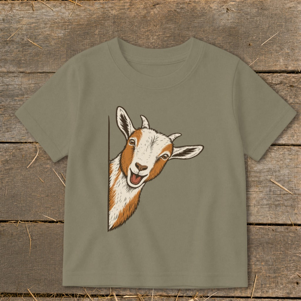 T-shirt with a drawing of a goat peeking from the side.