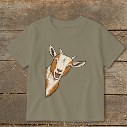 T-shirt with a drawing of a goat peeking from the side.