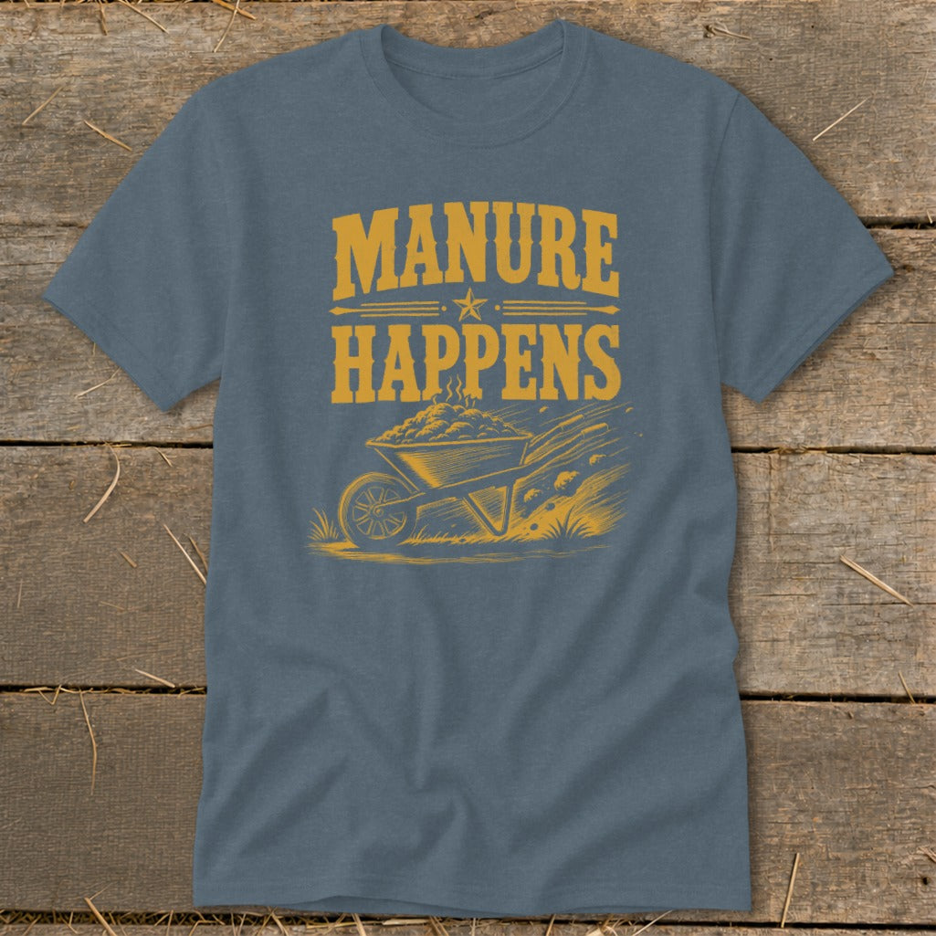 Blue t-shirt with yellow text "MANURE HAPPENS" and wheelbarrow graphic.