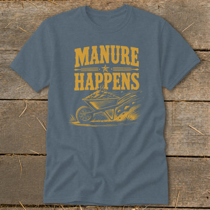 Blue t-shirt with yellow text "MANURE HAPPENS" and wheelbarrow graphic.