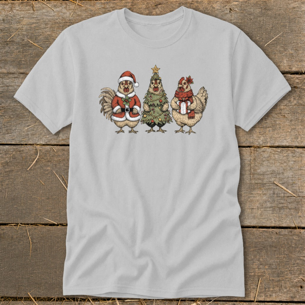 Three festive chickens, one dressed as Santa, one as a Christmas tree, and one holding a gift.
