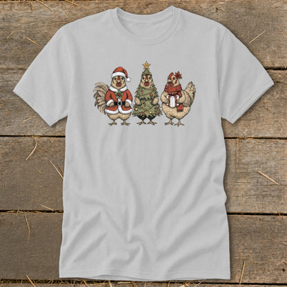 Three festive chickens, one dressed as Santa, one as a Christmas tree, and one holding a gift.