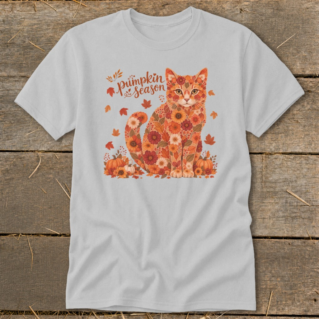 Gray t-shirt with a floral cat illustration and "Pumpkin season" text.