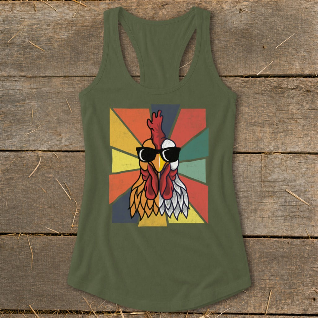 Green tank top with a retro graphic of a rooster wearing sunglasses.