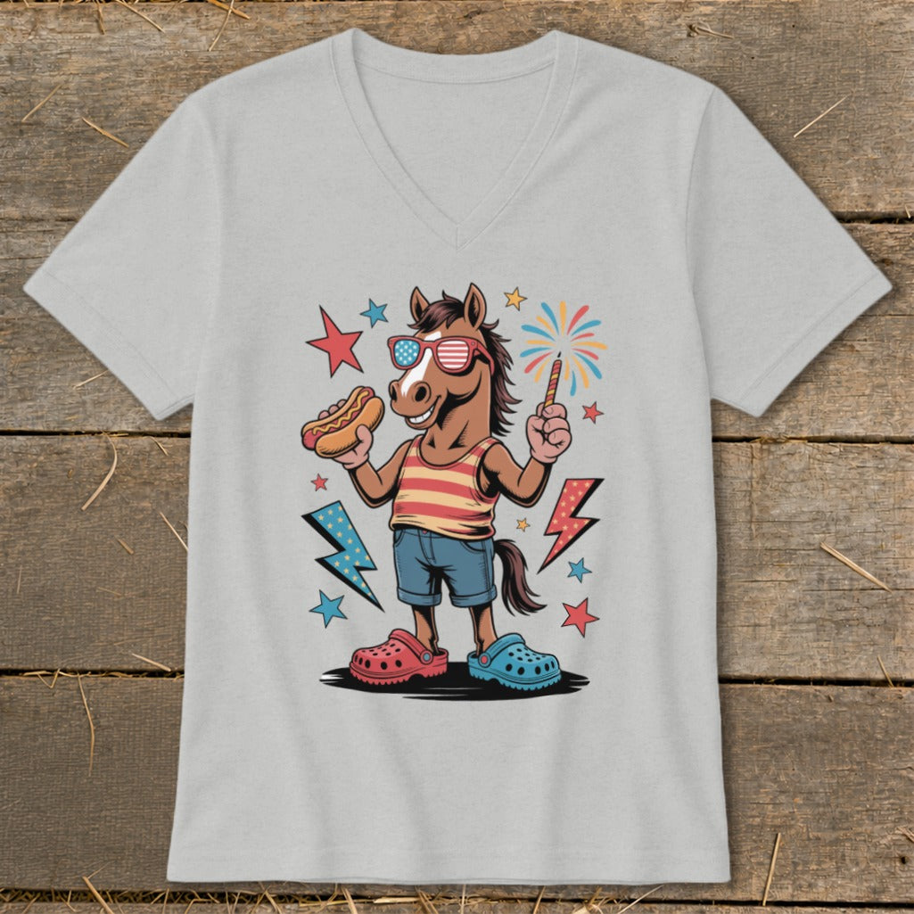 Cartoon horse in sunglasses holding hot dog and sparkler, with fireworks and lightning bolts.