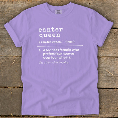 Lavender t-shirt with white text defining "canter queen" and its meaning.
