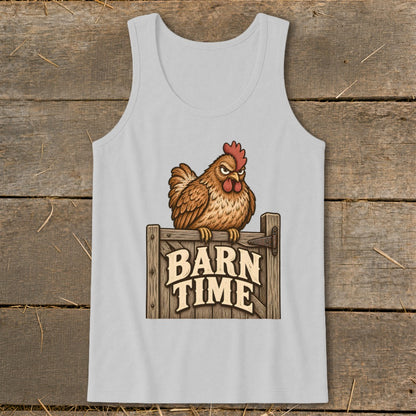A chicken sits on a wooden sign that reads "BARN TIME."