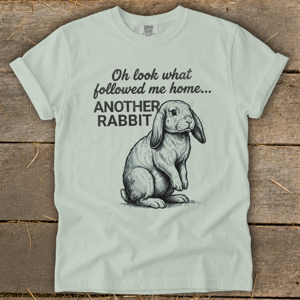 Light green t-shirt with a sketch of a lop-eared rabbit and text reading "Oh look what followed me home... ANOTHER RABBIT".