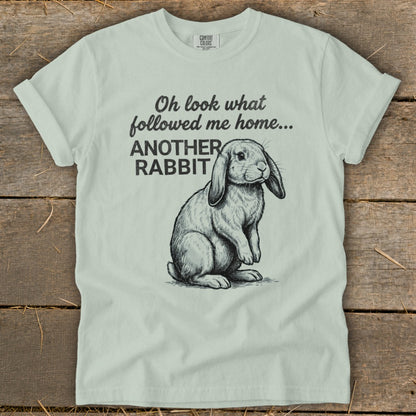 Light green t-shirt with a sketch of a lop-eared rabbit and text reading "Oh look what followed me home... ANOTHER RABBIT".