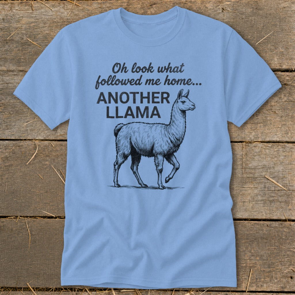 Light blue t-shirt with a llama graphic and text "Oh look what followed me home... ANOTHER LLAMA".