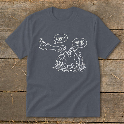 Chicken in nest with eggs, hand reaches, saying "eggs?", chicken says "MINE".