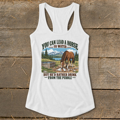 White women's racerback tank top featuring a graphic of a horse drinking from a puddle.