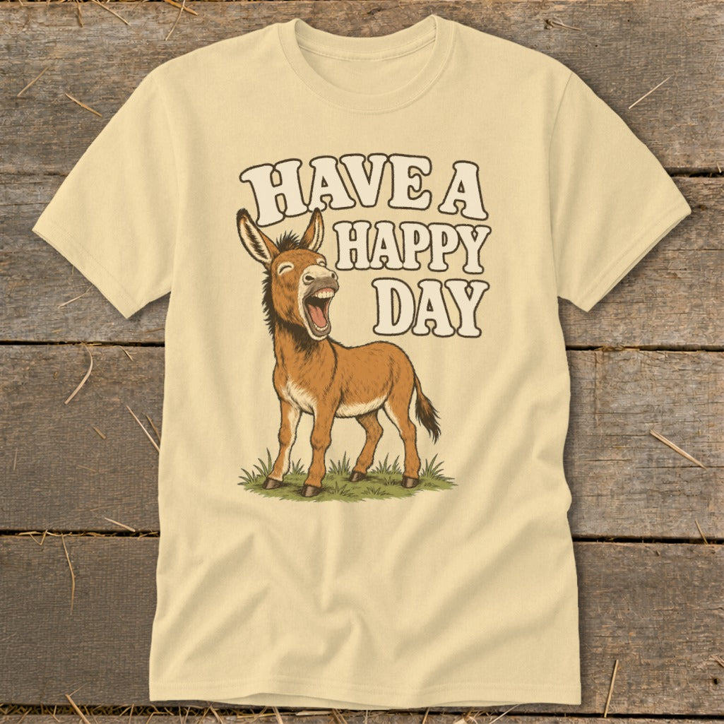 Light yellow t-shirt with a cartoon donkey and "HAVE A HAPPY DAY" text.