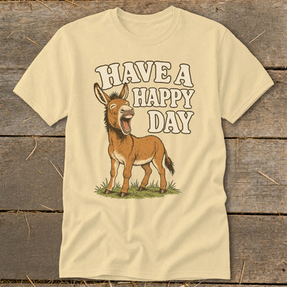 Light yellow t-shirt with a cartoon donkey and "HAVE A HAPPY DAY" text.