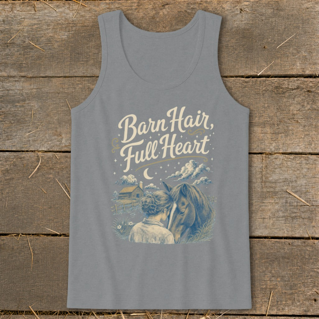 Gray tank top with "Barn Hair, Full Heart" text and horse and rider illustration.