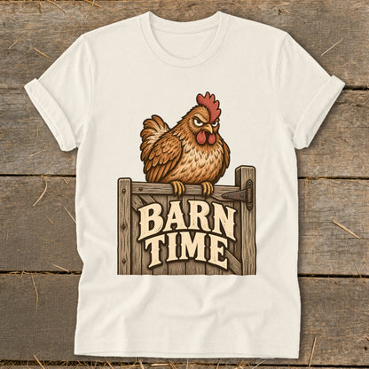 Brown chicken perched on a wooden fence sign that says "BARN TIME."