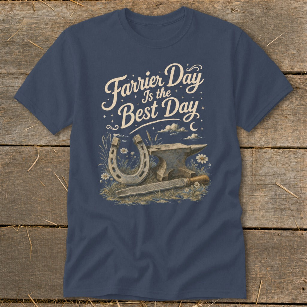 Navy t-shirt with "Farrier Day Is the Best Day" text and horseshoe, anvil, and file illustration.