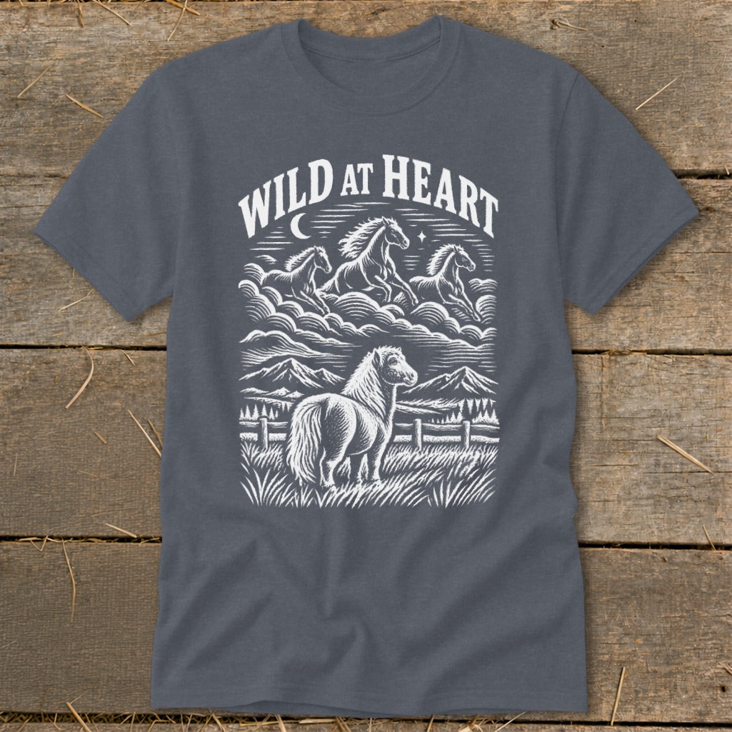 T-shirt with white graphic of horses and "Wild at Heart" text.