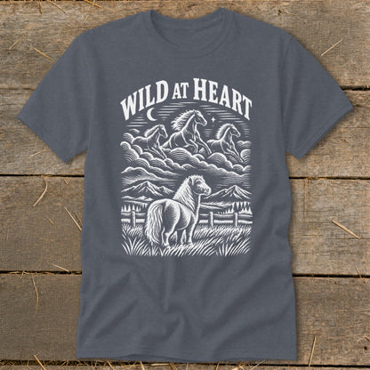 T-shirt with white graphic of horses and "Wild at Heart" text.