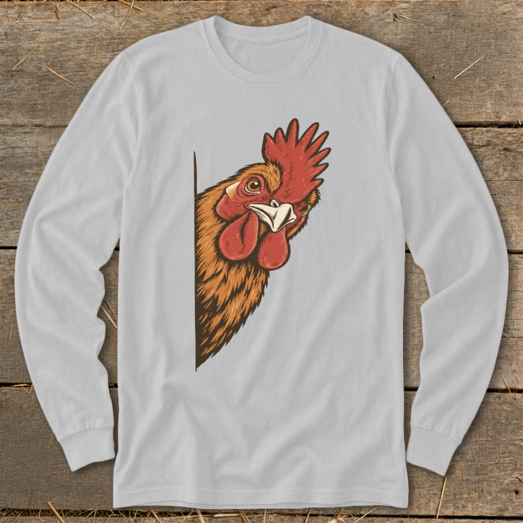 Rooster peeking from the side on a gray long-sleeve shirt.