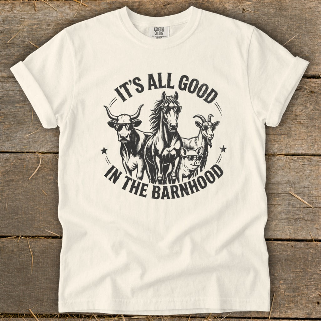 T-shirt graphic with stylized farm animals wearing sunglasses and text.