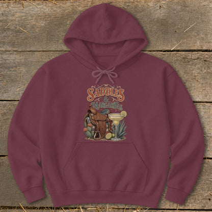 Maroon hoodie with "Saddles & Margaritas" graphic of a saddle and margarita.