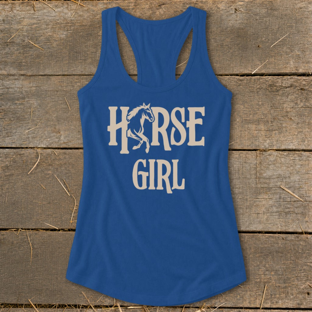 Blue tank top with "Horse Girl" text and horse silhouette graphic.
