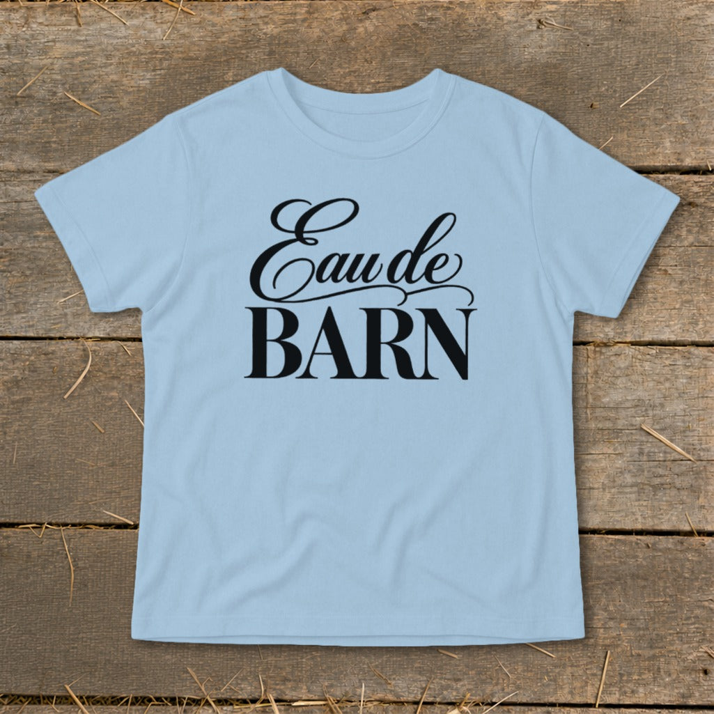 Light blue t-shirt with black text "Eau de BARN".