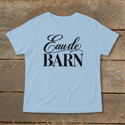 Light blue t-shirt with black text "Eau de BARN".