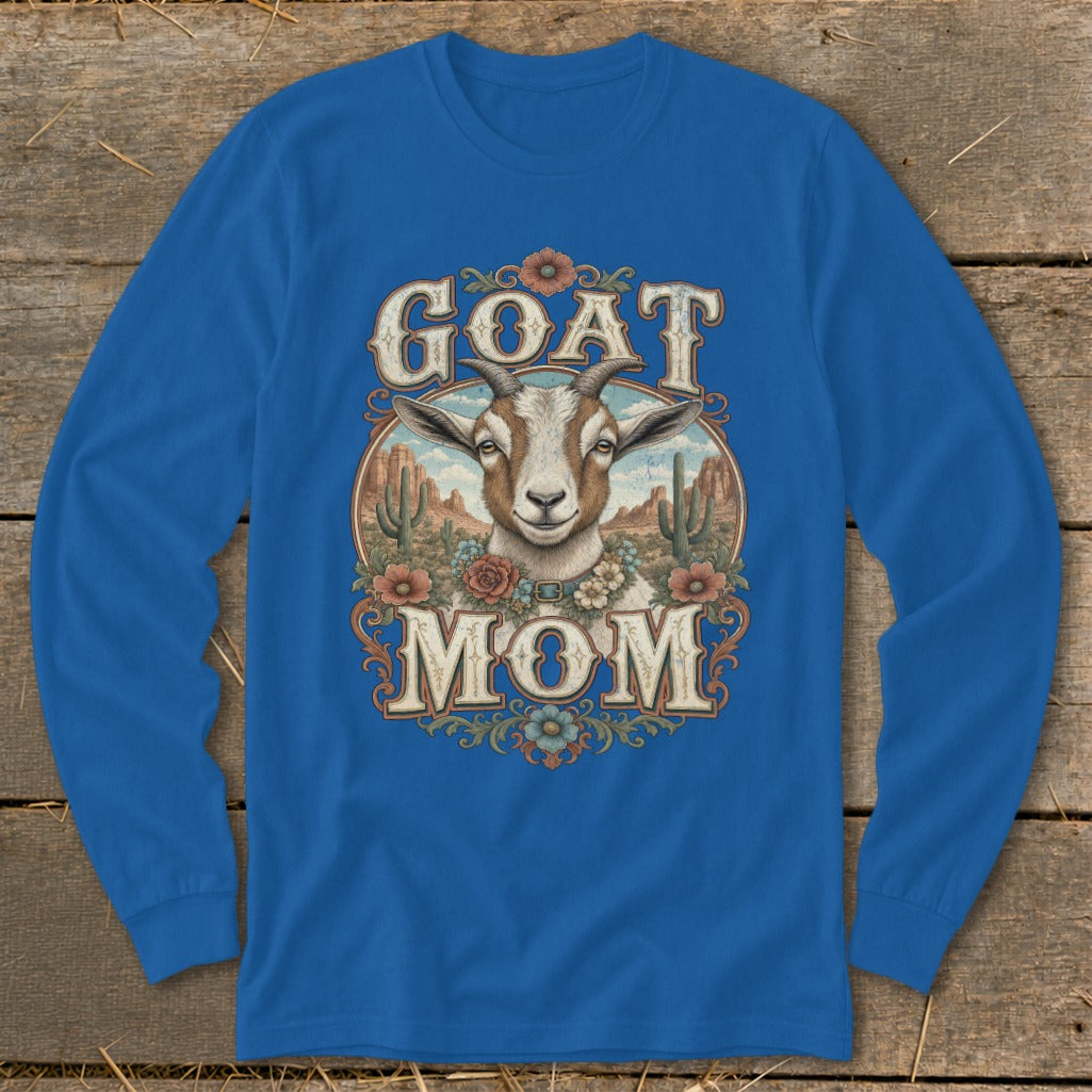 Blue long sleeve shirt with "GOAT MOM" text and a goat illustration.