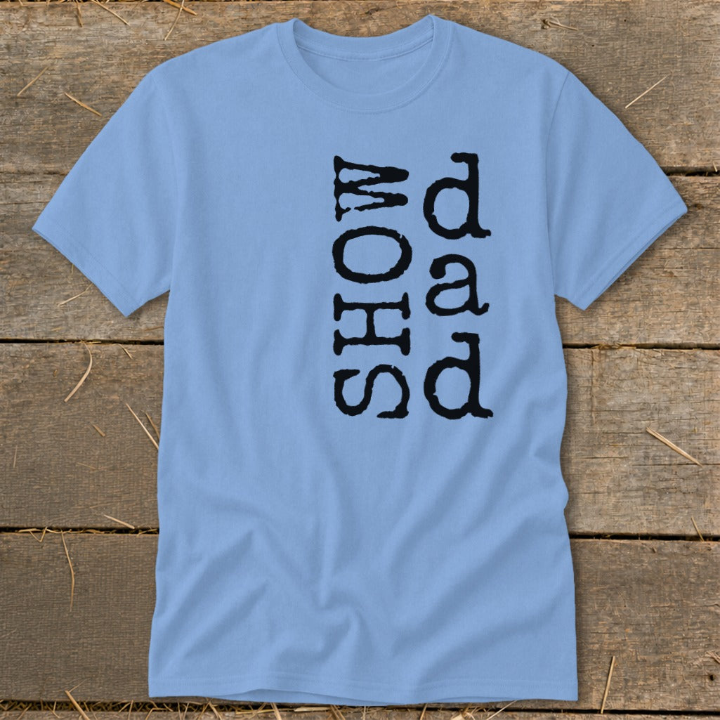Light blue t-shirt with black vertical text reading "Dad Show".