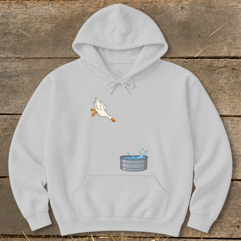 Light gray hoodie with a cartoon duck flying over a galvanized tub of water.