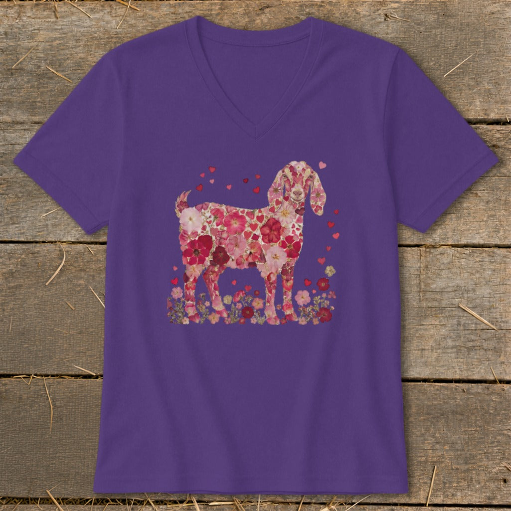 Purple v-neck t-shirt with a floral goat illustration surrounded by hearts and flowers.