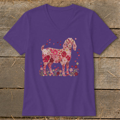 Purple v-neck t-shirt with a floral goat illustration surrounded by hearts and flowers.