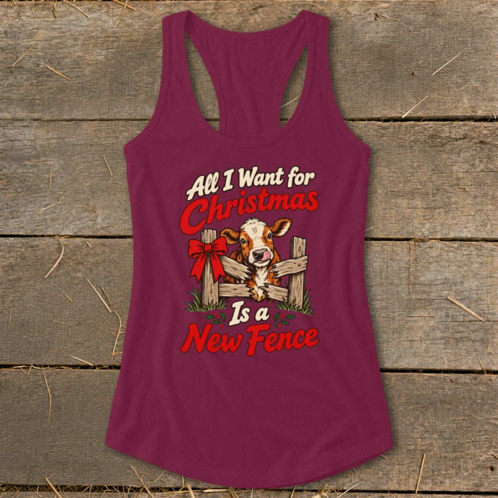 Maroon tank top with graphic "All I Want for Christmas Is a New Fence" and a cow.